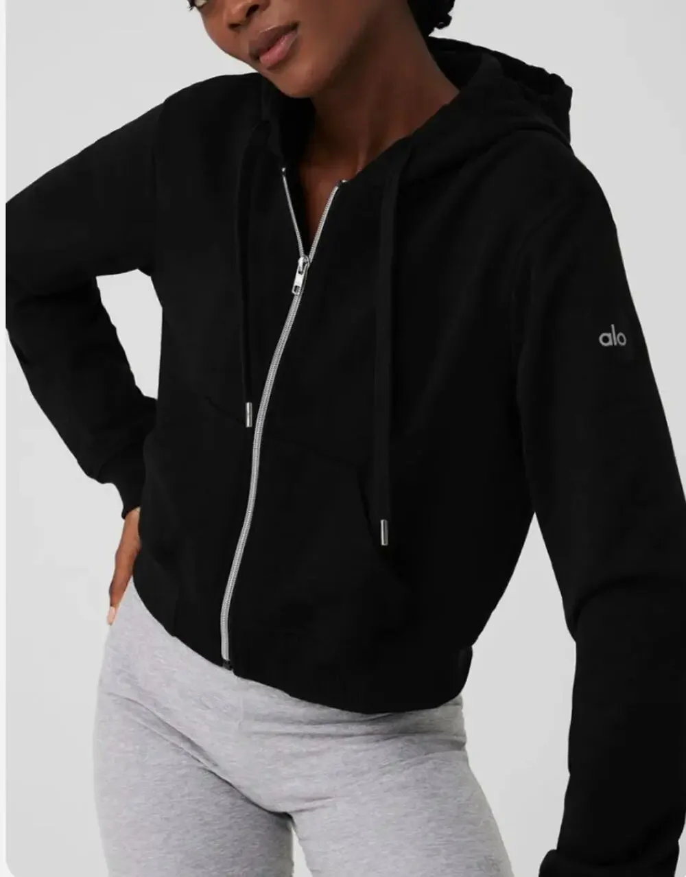 Alo Yoga Long Sleeve Routine Full Zip Cropped Hoodie Sweatshirt Black Small
